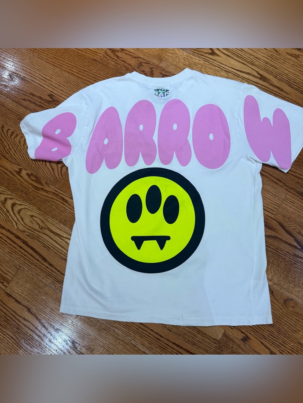 Arrow White Tee with Pink Logo and Neon Yellow Smiley